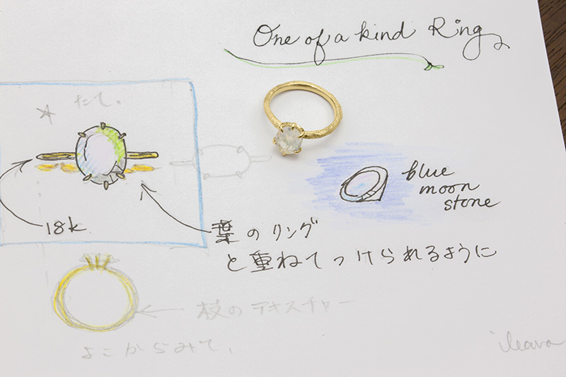 ブルームーンストーンの婚約指輪と色づけしたスケッチ